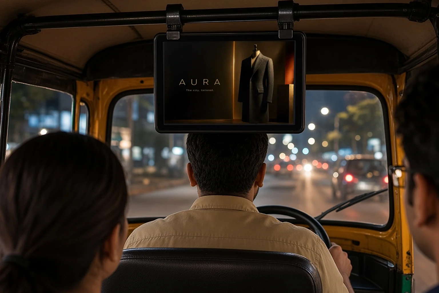 A digital screen suspended from the roof frame of a transit cabin showing a premium clothing campaign