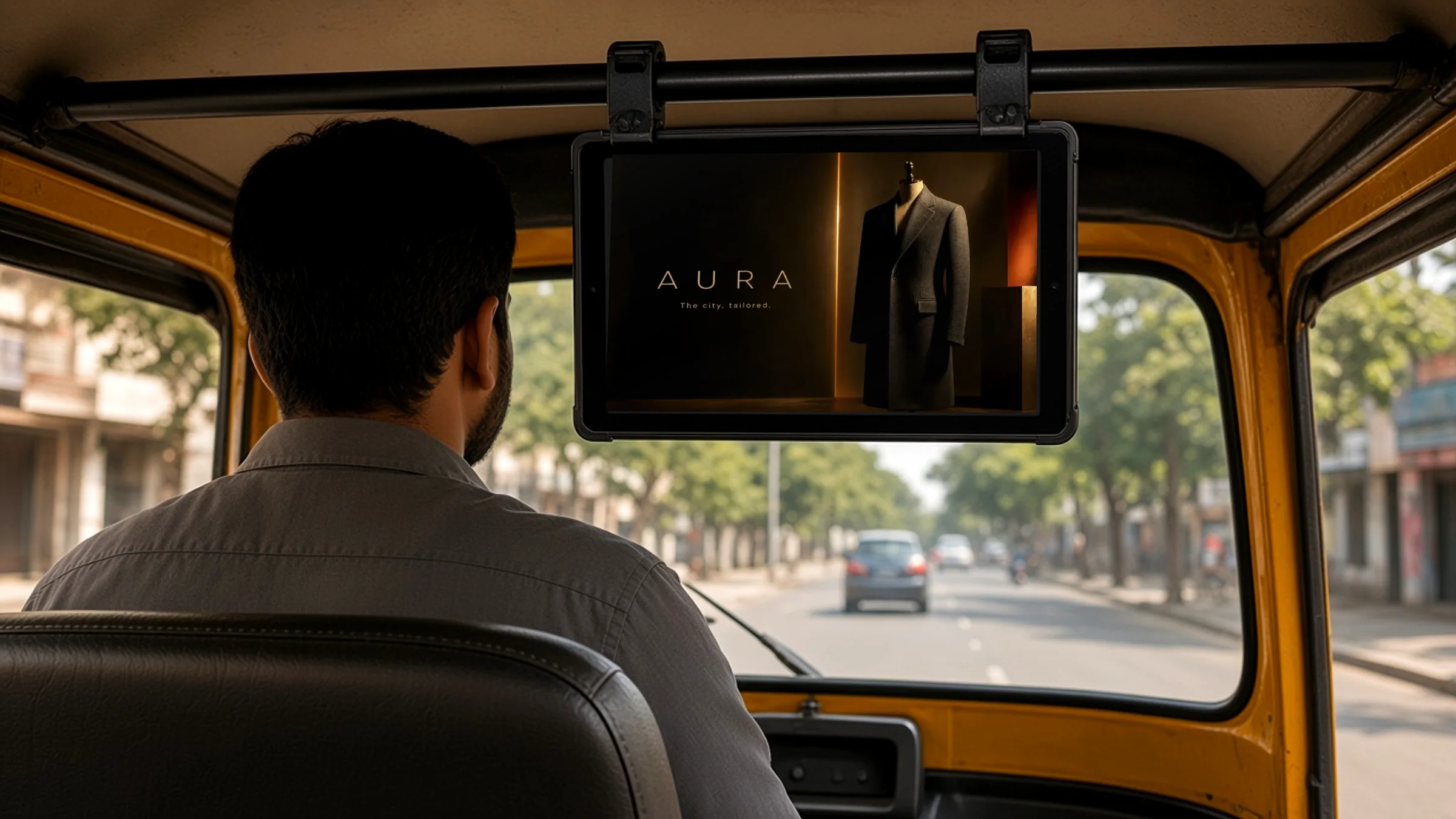 The view from an auto-rickshaw back seat: a digital screen hanging from the cabin roof plays a full-screen brand campaign