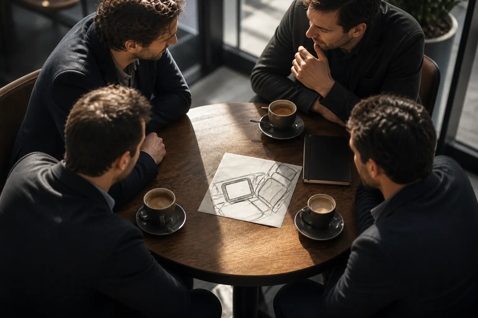 Four men in conversation at a lunch table — the conversation that became AdsGroww